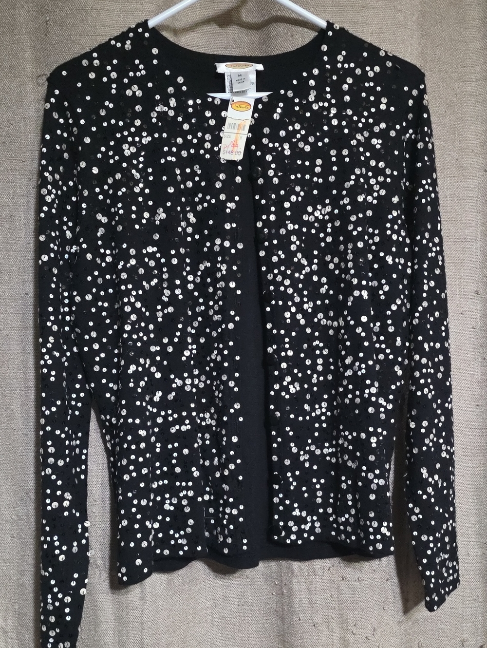 VTG NWT Talbots SZ M Black & White Sequin Detail Wool Blend Button Down Cardigan